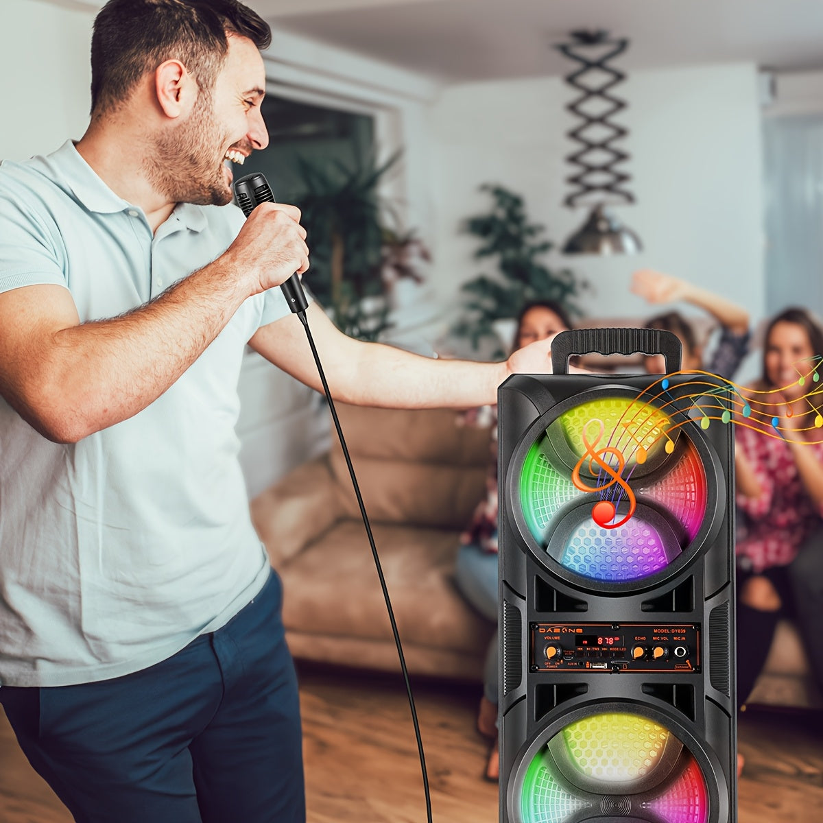 Portable Wireless PA Speaker, Dual 16.51cm High Quality Subwoofer System, Supports AUX USB FM Wired Microphone Audio Input, Built-in Rechargeable Battery Speaker with LED Light, Wired Microphone and Remote Control