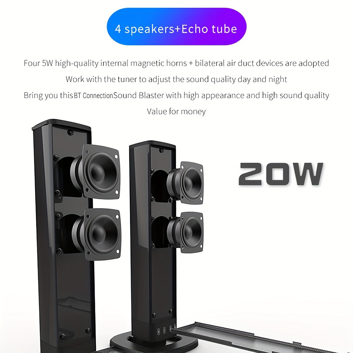 20W Wireless Home Theater Sound Bar System with 3D Surround, Detachable Subwoofer - Wireless Enabled, USB Charging, TF/AUX/FM/RCA Inputs for Movies, Gaming & Music