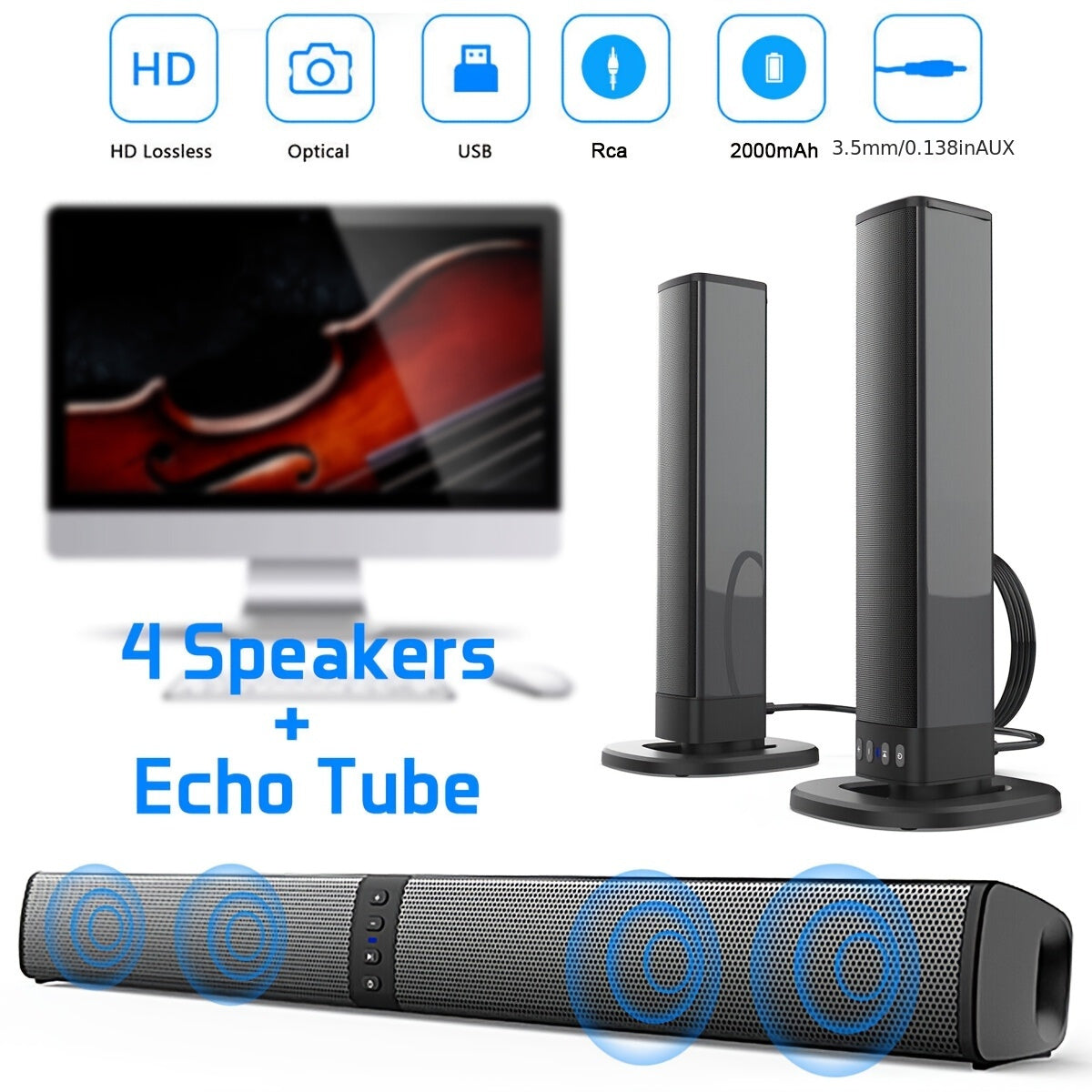 20W Wireless Home Theater Sound Bar System with 3D Surround, Detachable Subwoofer - Wireless Enabled, USB Charging, TF/AUX/FM/RCA Inputs for Movies, Gaming & Music