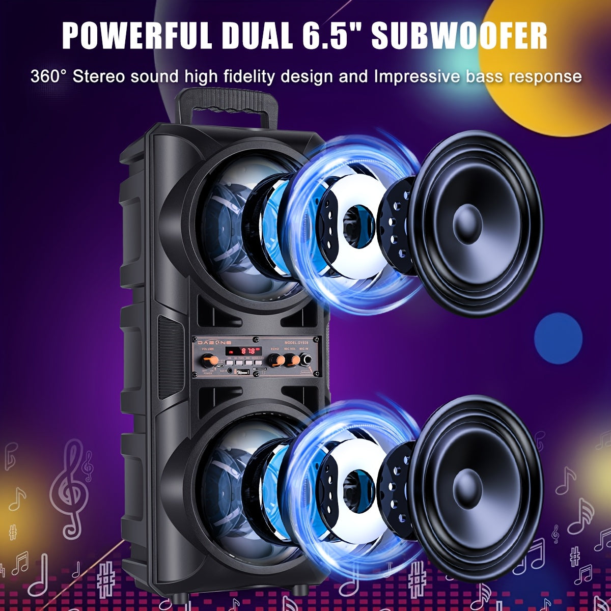Portable Wireless PA Speaker, Dual 16.51cm High Quality Subwoofer System, Supports AUX USB FM Wired Microphone Audio Input, Built-in Rechargeable Battery Speaker with LED Light, Wired Microphone and Remote Control