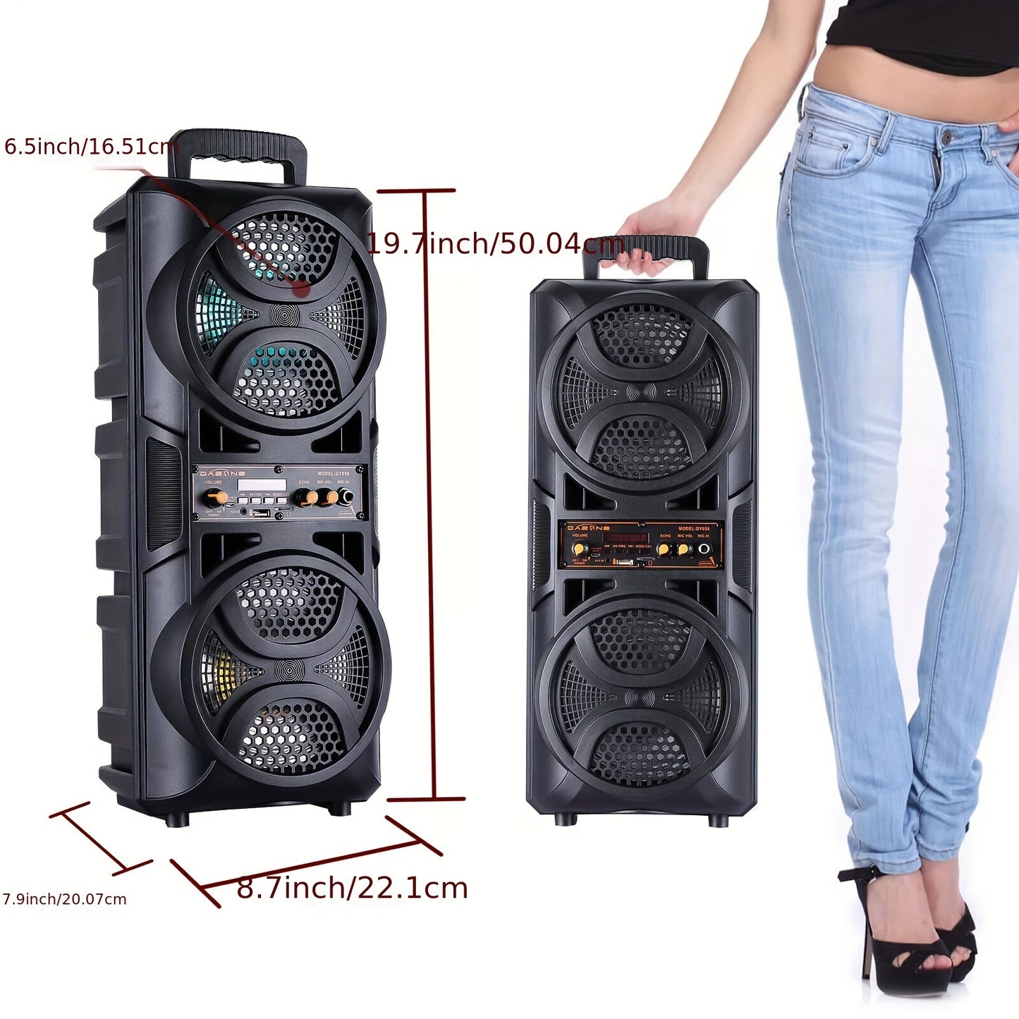 Portable Wireless PA Speaker, Dual 16.51cm High Quality Subwoofer System, Supports AUX USB FM Wired Microphone Audio Input, Built-in Rechargeable Battery Speaker with LED Light, Wired Microphone and Remote Control