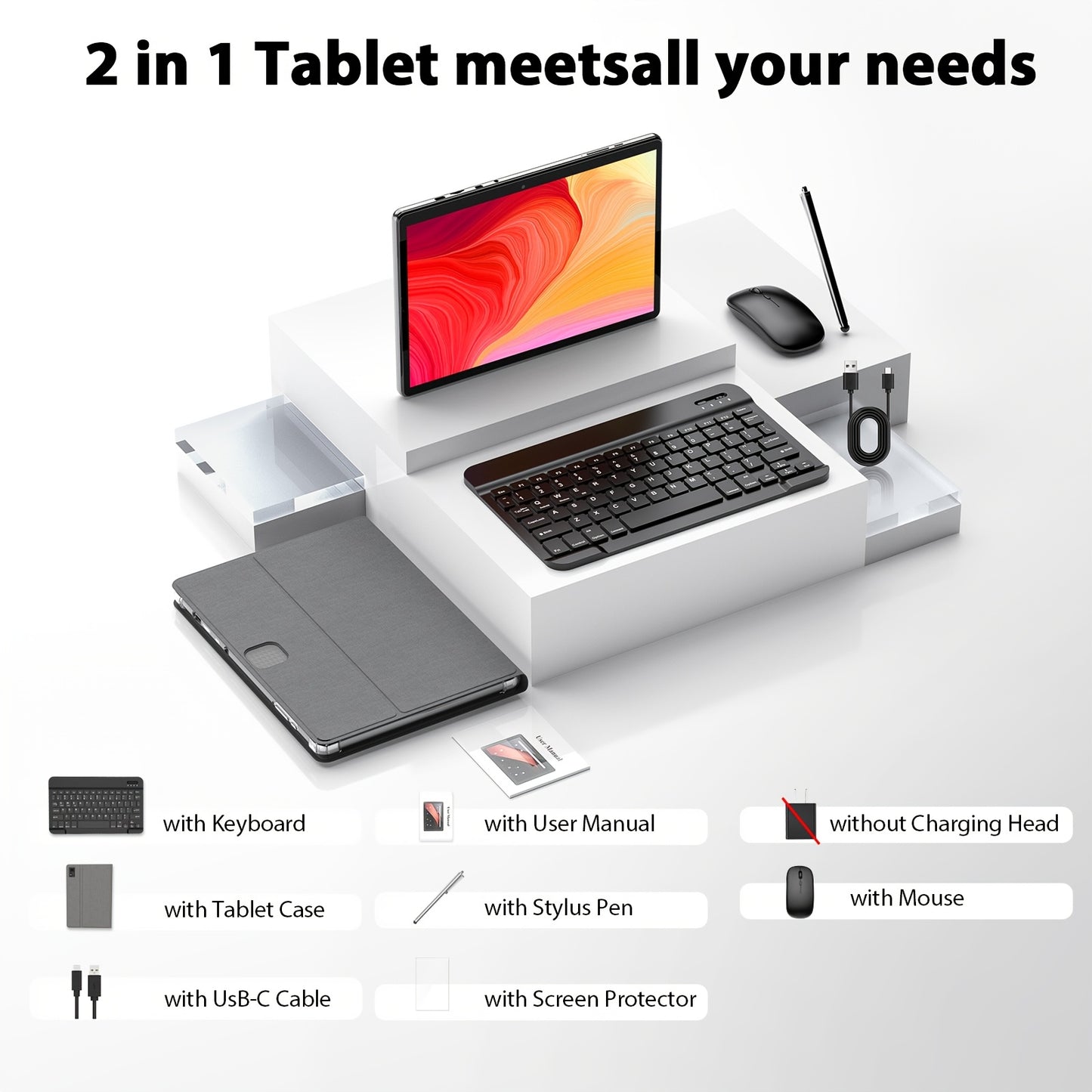 QDDQ 25.65cm Tablet Android 13, 2-in-1 Tablet With Keyboard, Mouse, Case, Stylus, 12GB(6GB+6GB Expanded) For RAM, 256GB Storage, FHD IPS Touch Screen, 5+8MP Dual Camera, Type-C (Without Adapter)