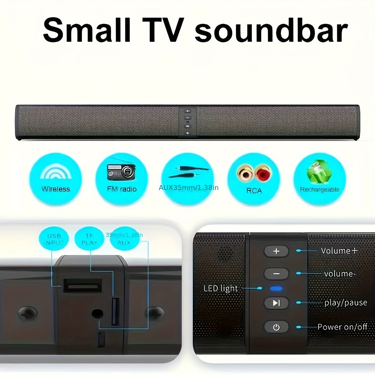20W Wireless Home Theater Sound Bar System with 3D Surround, Detachable Subwoofer - Wireless Enabled, USB Charging, TF/AUX/FM/RCA Inputs for Movies, Gaming & Music