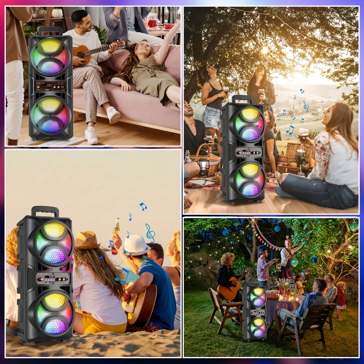 Portable Wireless PA Speaker, Dual 16.51cm High Quality Subwoofer System, Supports AUX USB FM Wired Microphone Audio Input, Built-in Rechargeable Battery Speaker with LED Light, Wired Microphone and Remote Control