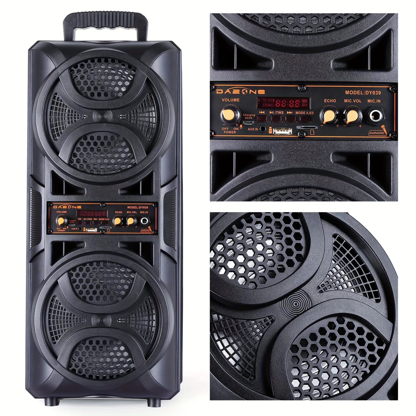 Portable Wireless PA Speaker, Dual 16.51cm High Quality Subwoofer System, Supports AUX USB FM Wired Microphone Audio Input, Built-in Rechargeable Battery Speaker with LED Light, Wired Microphone and Remote Control