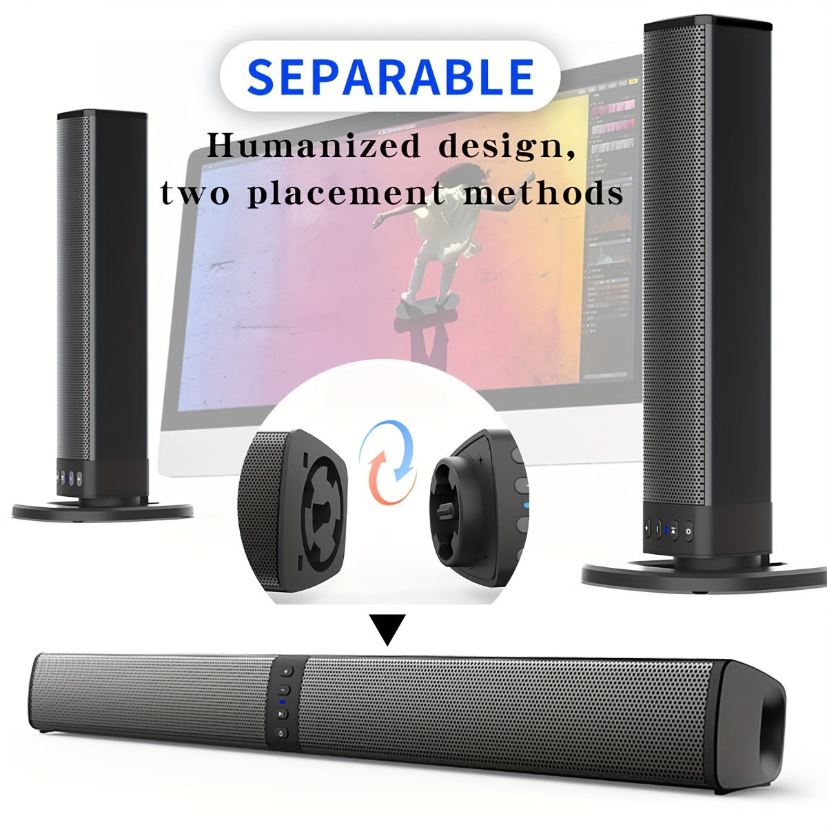 20W Wireless Home Theater Sound Bar System with 3D Surround, Detachable Subwoofer - Wireless Enabled, USB Charging, TF/AUX/FM/RCA Inputs for Movies, Gaming & Music