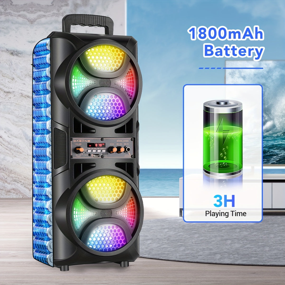 Portable Wireless PA Speaker, Dual 16.51cm High Quality Subwoofer System, Supports AUX USB FM Wired Microphone Audio Input, Built-in Rechargeable Battery Speaker with LED Light, Wired Microphone and Remote Control
