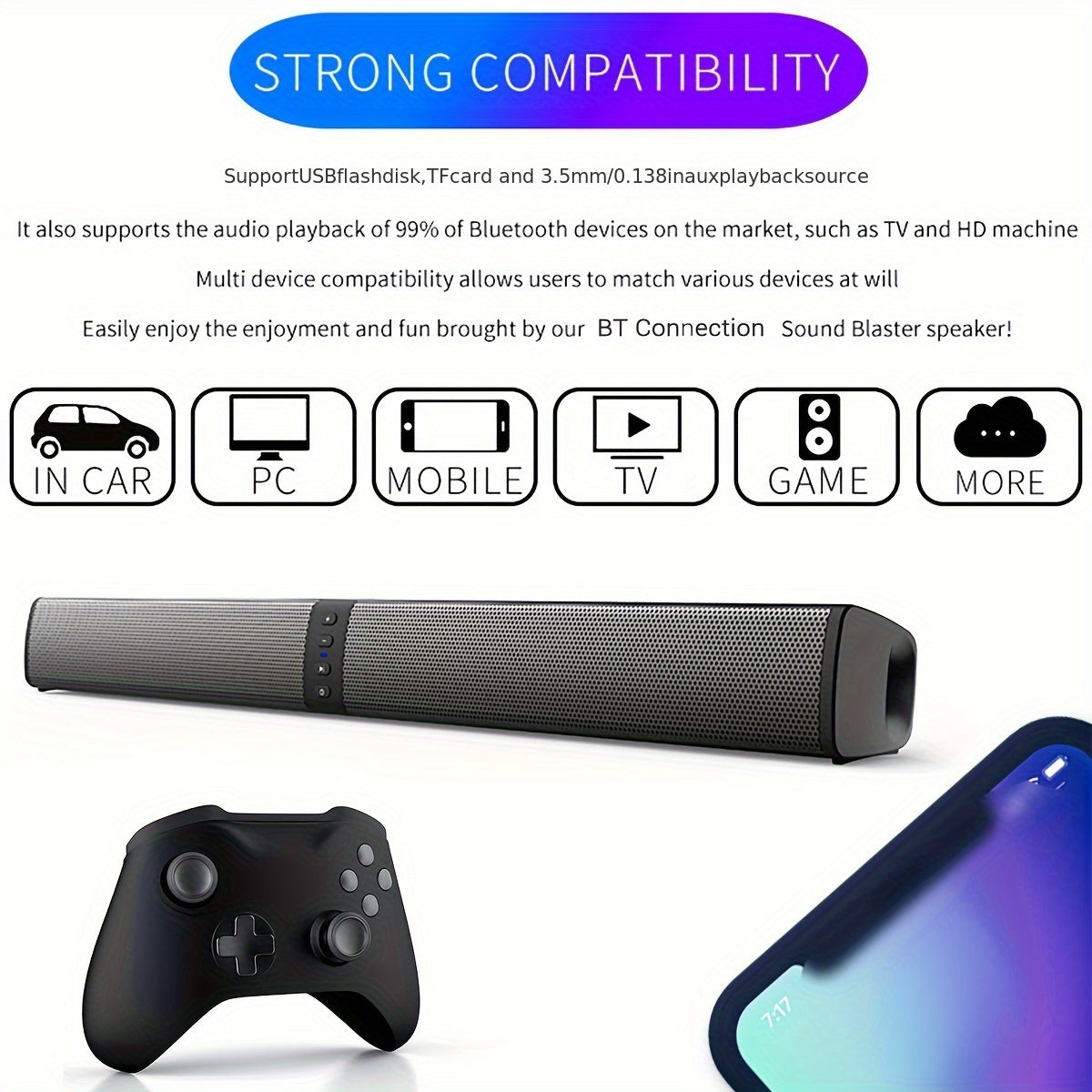 20W Wireless Home Theater Sound Bar System with 3D Surround, Detachable Subwoofer - Wireless Enabled, USB Charging, TF/AUX/FM/RCA Inputs for Movies, Gaming & Music