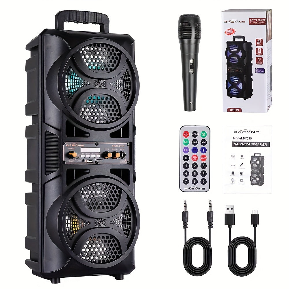 Portable Wireless PA Speaker, Dual 16.51cm High Quality Subwoofer System, Supports AUX USB FM Wired Microphone Audio Input, Built-in Rechargeable Battery Speaker with LED Light, Wired Microphone and Remote Control