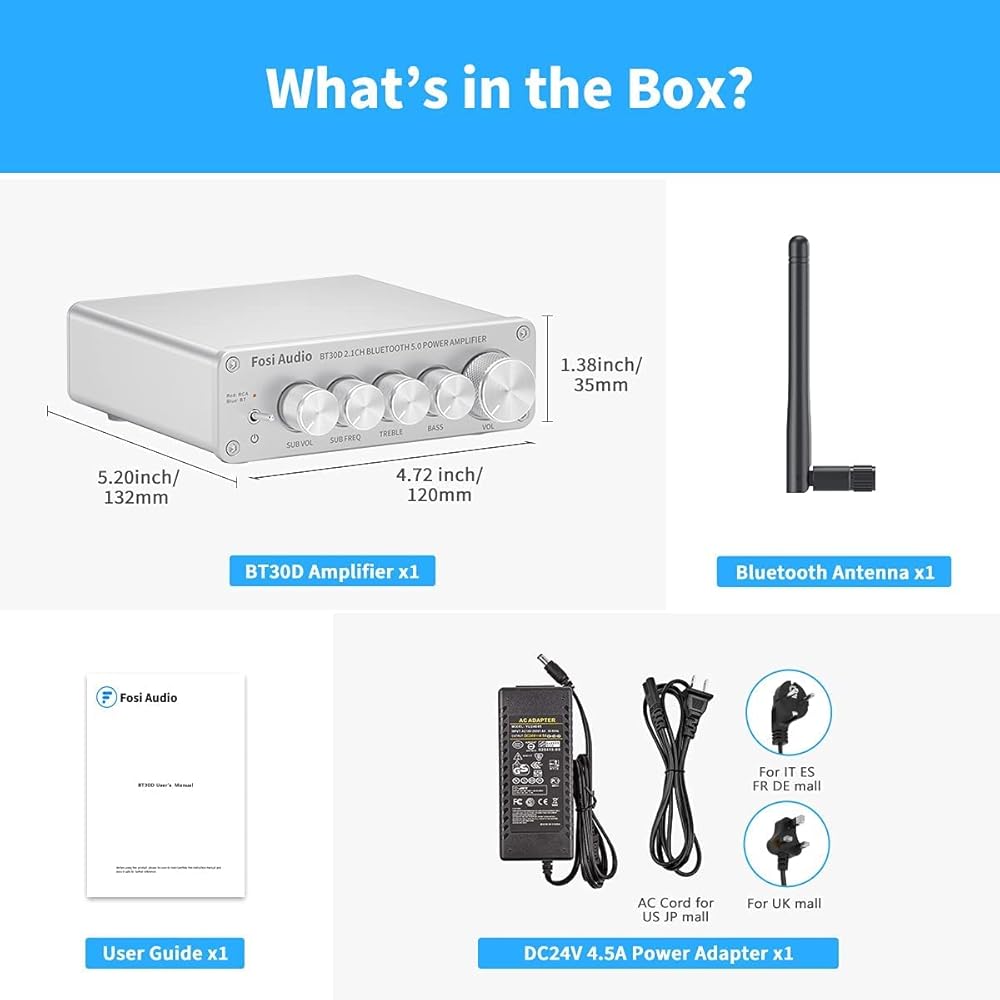 NEW BT30D 5.0 Stereo Receiver Amplifier 2.1 Channel Mini Hi-Fi Class D Integrated Amp 50 Watt 2+100 Watt for Passive Speakers/Subwoofer Poed Subwoofer