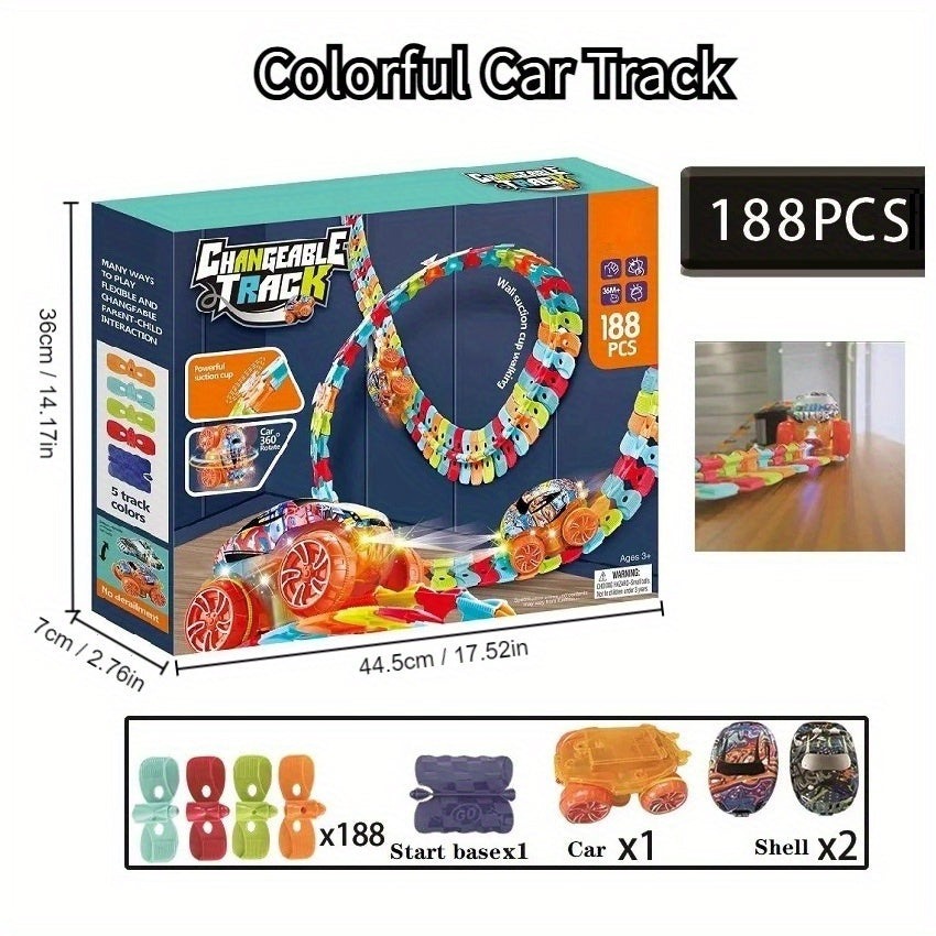 Flexible Kids Track Cars Set, LED Light-Up Race Car, Bendable Analog Track System, ABS Material, No Battery Required, Colorful Birthday Gift for Boys