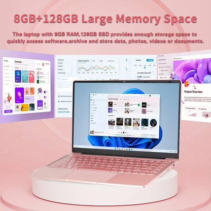 35.56cm Rose Gold Laptop Celeron N4120 FHD IPS Display 8GB DDR4, 128GB SSD Ultra-Thin Notebook, Windows 11&Office 2019/USB3.0/BT, Perfect For Study, Work - al-zeb-store