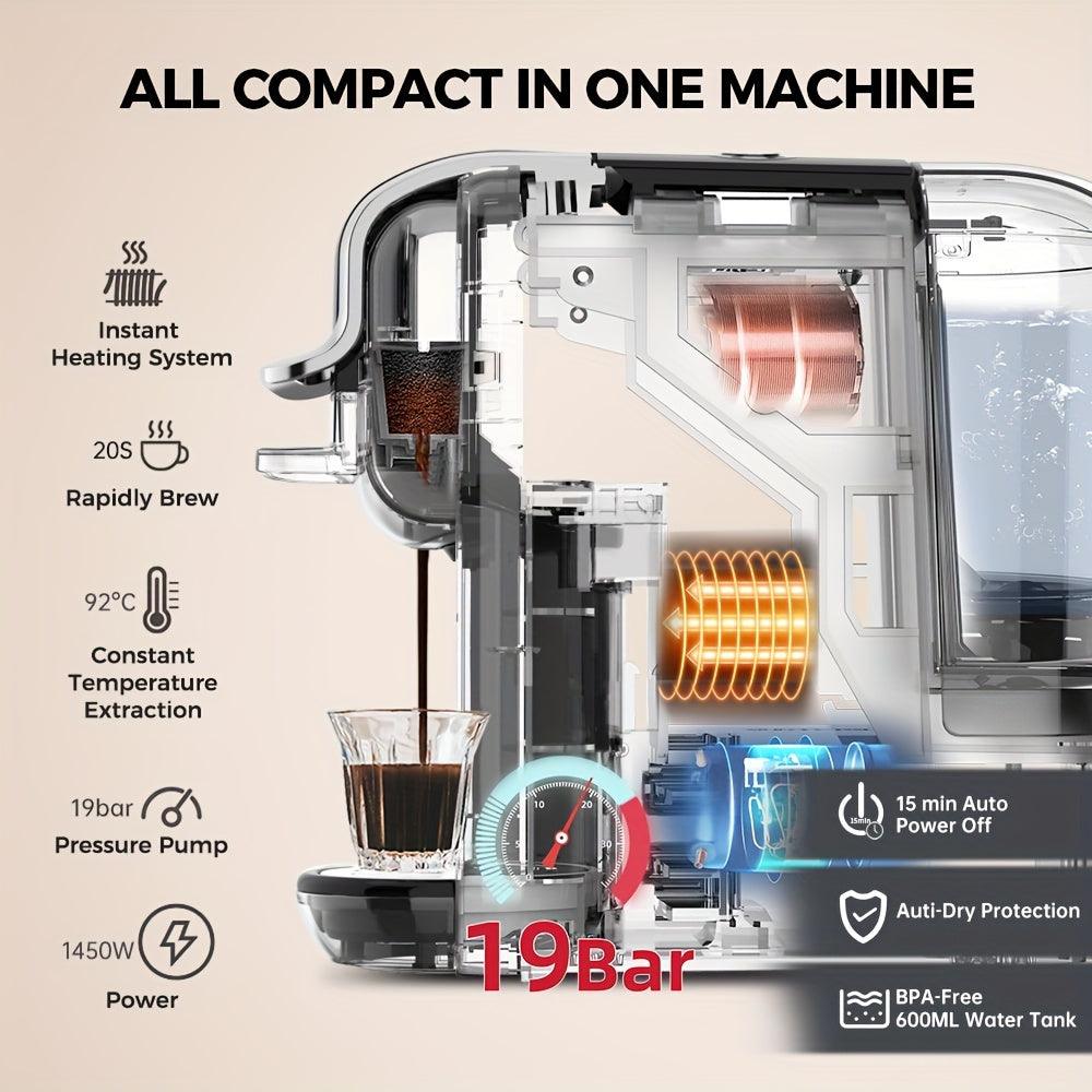 Cafelffe 4-in-1 Espresso Machine - Hot & Cold Automatic Capsule Coffee Maker, 19Bar Pressure, Compatible with Nespresso, Dolce Gusto Pods & ESEpods, Easy Clean, Perfect for Home Kitchen - Ideal Gift for Holidays - al-zeb-store