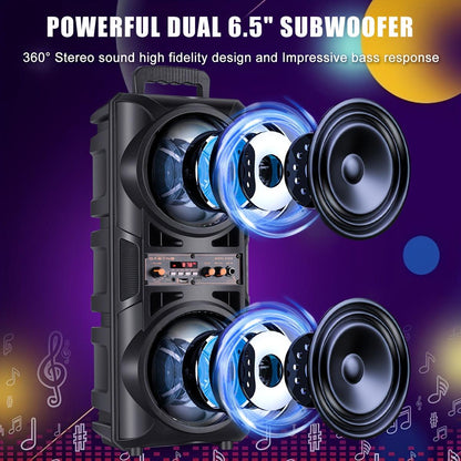 Portable Wireless PA Speaker, Dual 16.51cm High Quality Subwoofer System, Supports AUX USB FM Wired Microphone Audio Input, Built-in Rechargeable Battery Speaker with LED Light, Wired Microphone and Remote Control - al-zeb-store