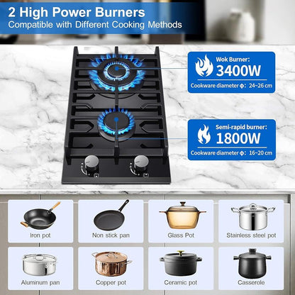 NEW Gas Hob 2 burners, 30cm Built in 2 Burners Gas on Glass Hob, NG/LPG Gas Hob Convertible, Gas Cooktop with Flame Out Protection, Iron Supports, 5200W - al-zeb-store