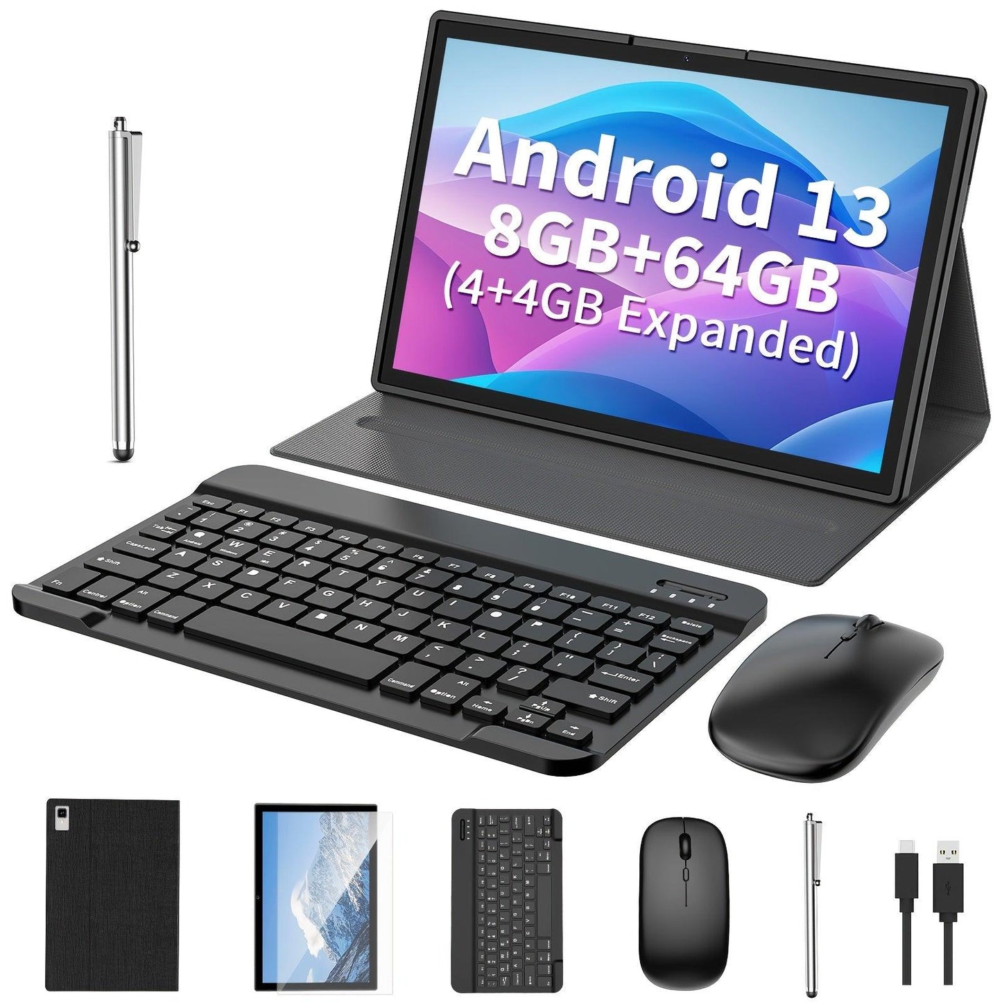 QDDQ 25.65cm for Android Tablet 2-in-1 with Keyboard, Case, Mouse & Stylus - for Android 13, 4GB for RAM Expansion, 64GB Storage, Dual Cameras (5MP+8MP), WiFi, Wireless, GMS, USB-C Charging - al-zeb-store