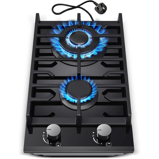 NEW Gas Hob 2 burners, 30cm Built in 2 Burners Gas on Glass Hob, NG/LPG Gas Hob Convertible, Gas Cooktop with Flame Out Protection, Iron Supports, 5200W - al-zeb-store