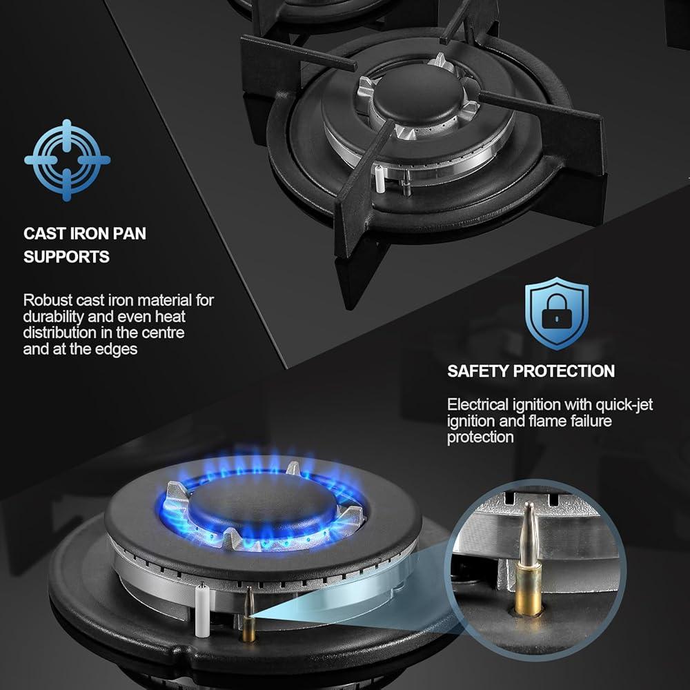 NEW Gas Hob 2 burners, 30cm Built in 2 Burners Gas on Glass Hob, NG/LPG Gas Hob Convertible, Gas Cooktop with Flame Out Protection, Iron Supports, 5200W - al-zeb-store