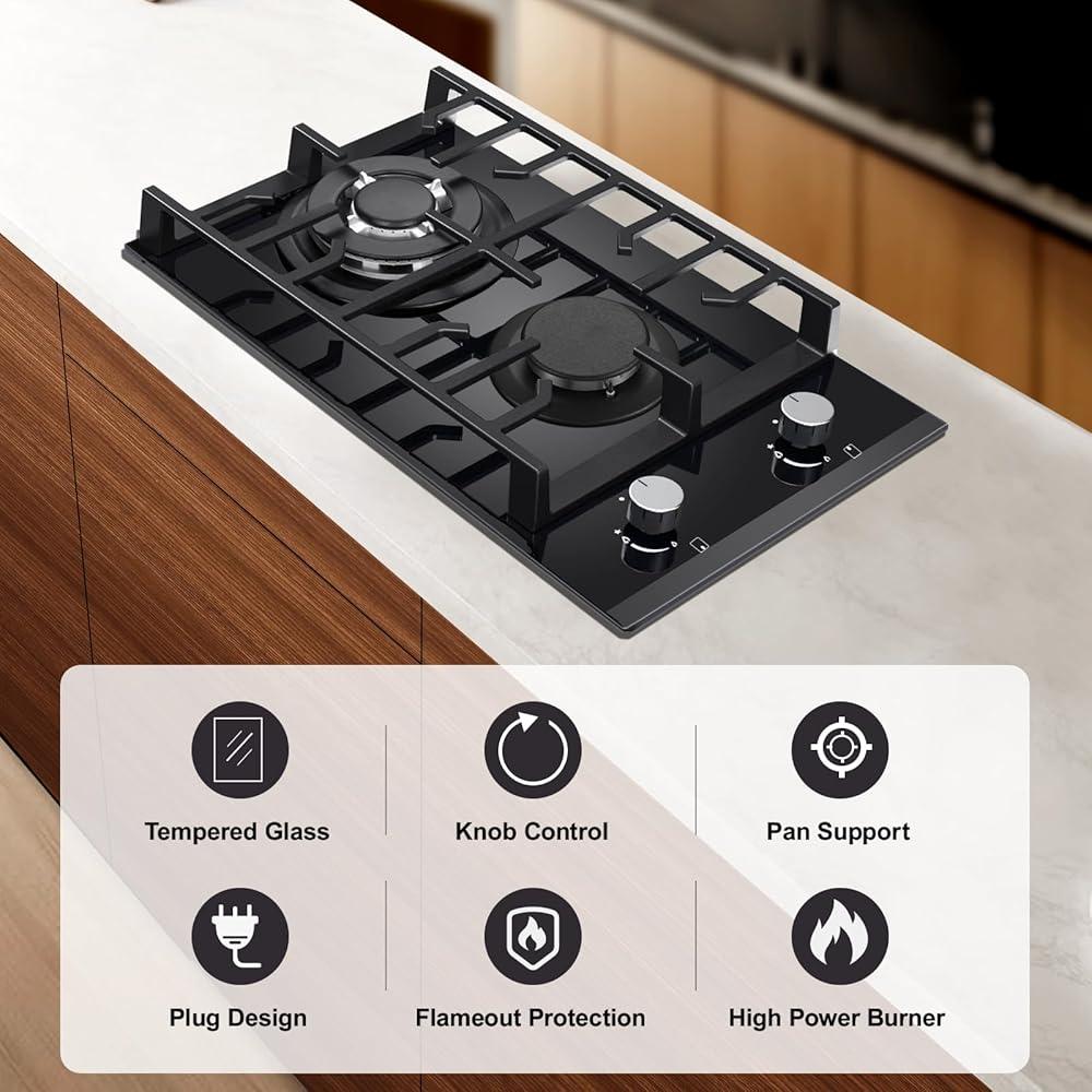 NEW Gas Hob 2 burners, 30cm Built in 2 Burners Gas on Glass Hob, NG/LPG Gas Hob Convertible, Gas Cooktop with Flame Out Protection, Iron Supports, 5200W - al-zeb-store