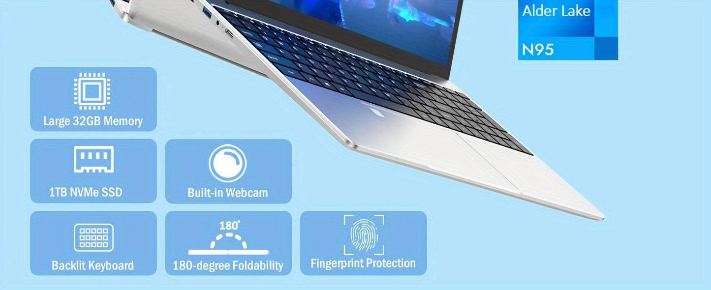 Auusda Laptop Computer With 32GB DDR4 RAM, 1TB M.2 PCIe NVMe SSD, Intel N95 Up To 2-3.4 GHz, 39.62cm FHD IPS LCD, Backlight Keyboard, Fingerprint Reader, Webcam, Mini HD, USB-A X2, Windows 11 Pro - al-zeb-store