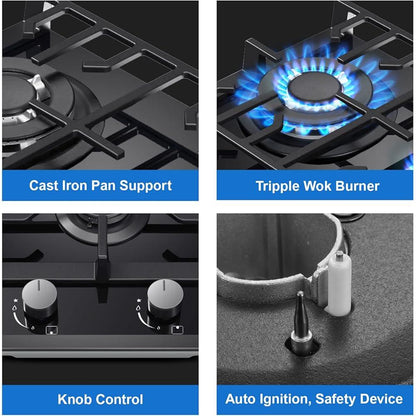 NEW Gas Hob 2 burners, 30cm Built in 2 Burners Gas on Glass Hob, NG/LPG Gas Hob Convertible, Gas Cooktop with Flame Out Protection, Iron Supports, 5200W - al-zeb-store