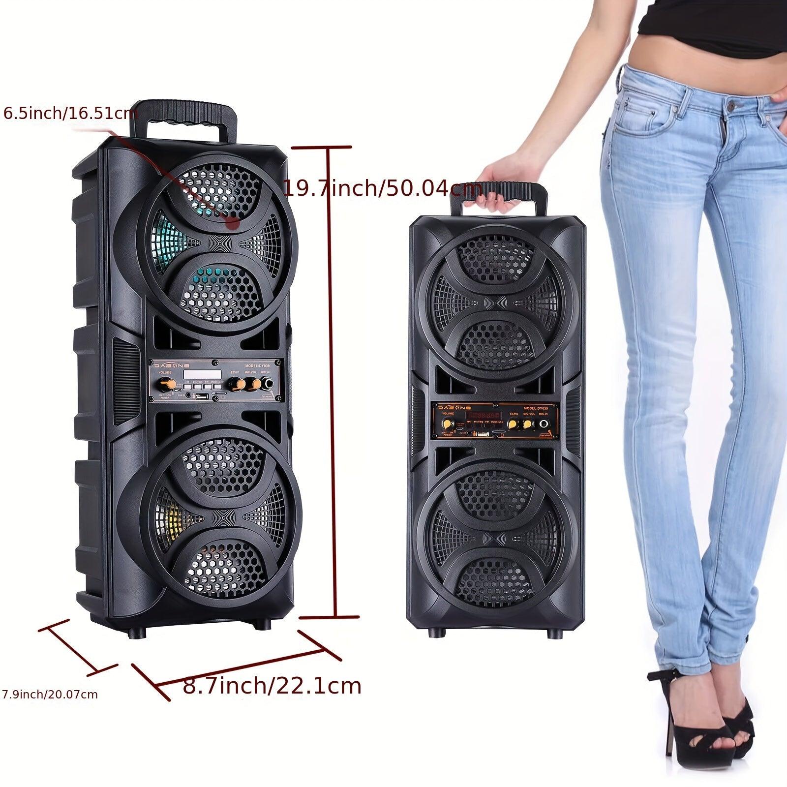 Portable Wireless PA Speaker, Dual 16.51cm High Quality Subwoofer System, Supports AUX USB FM Wired Microphone Audio Input, Built-in Rechargeable Battery Speaker with LED Light, Wired Microphone and Remote Control - al-zeb-store