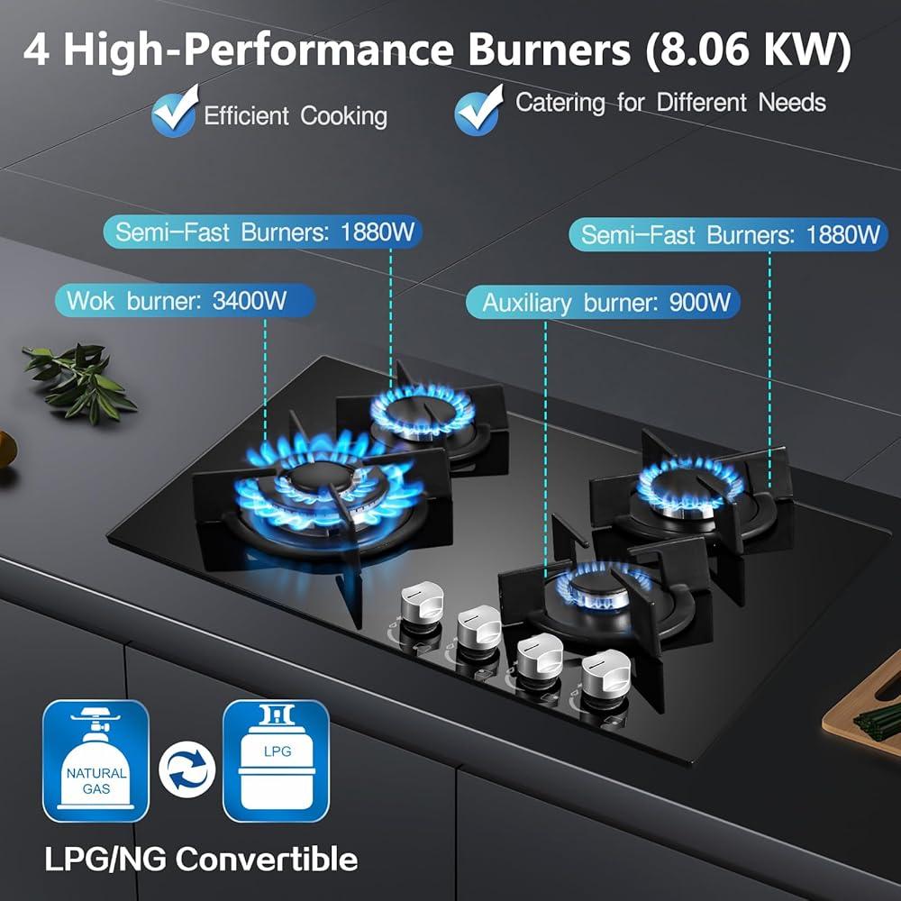 NEW Gas Hob 2 burners, 30cm Built in 2 Burners Gas on Glass Hob, NG/LPG Gas Hob Convertible, Gas Cooktop with Flame Out Protection, Iron Supports, 5200W - al-zeb-store