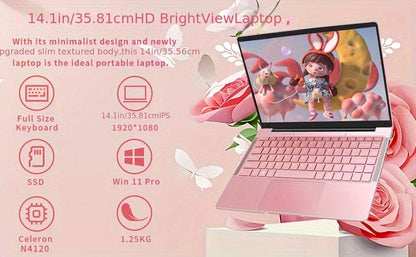 35.56cm Rose Gold Laptop Celeron N4120 FHD IPS Display 8GB DDR4, 128GB SSD Ultra-Thin Notebook, Windows 11&Office 2019/USB3.0/BT, Perfect For Study, Work - al-zeb-store