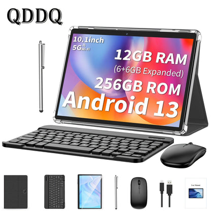 QDDQ 25.65cm Tablet Android 13, 2-in-1 Tablet With Keyboard, Mouse, Case, Stylus, 12GB(6GB+6GB Expanded) For RAM, 256GB Storage, FHD IPS Touch Screen, 5+8MP Dual Camera, Type-C (Without Adapter) - al-zeb-store