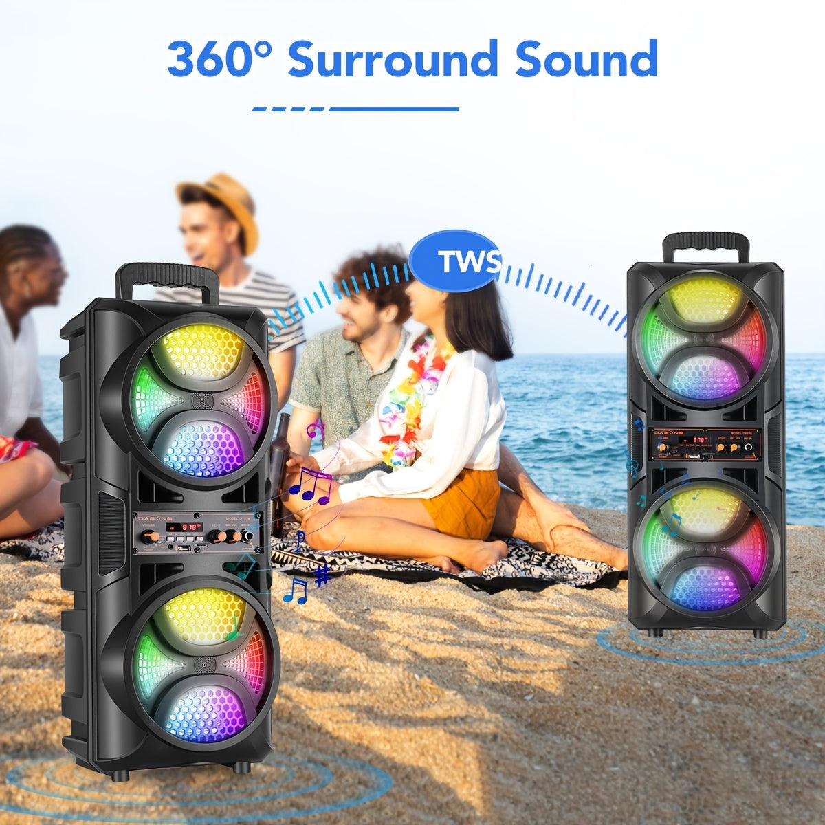 Portable Wireless PA Speaker, Dual 16.51cm High Quality Subwoofer System, Supports AUX USB FM Wired Microphone Audio Input, Built-in Rechargeable Battery Speaker with LED Light, Wired Microphone and Remote Control - al-zeb-store