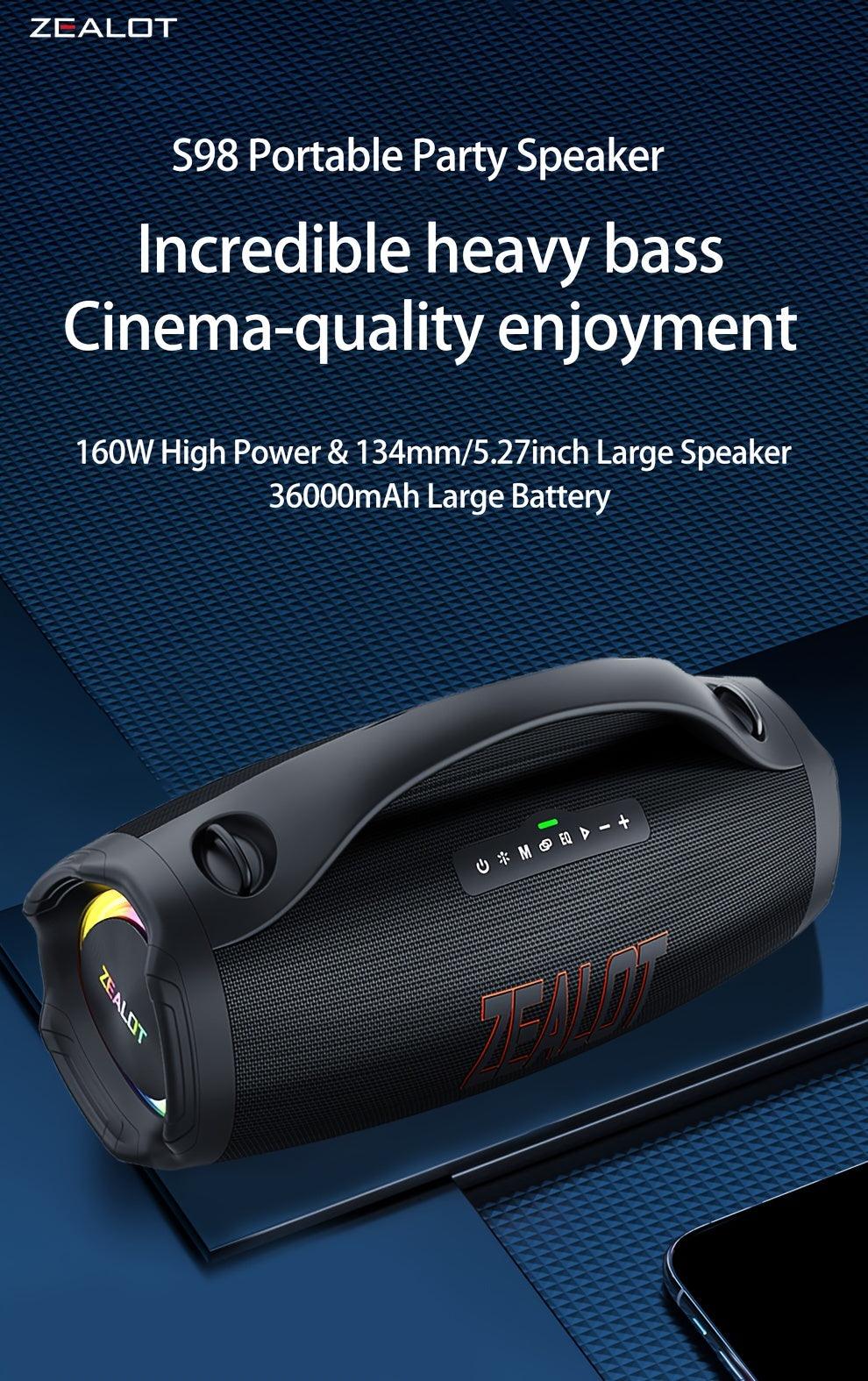 ZEALOT S98 160W Wireless Speakers, DSP Technology, Waterproof IPX 5, Outdoor Portable Subwoofer Speaker, Dual Pairing, Fast Charging, 36000mAh Battery, 60 Hours Playtime Loud Stereo. Charging Cable, Connect with Mobile Phone/ - al-zeb-store