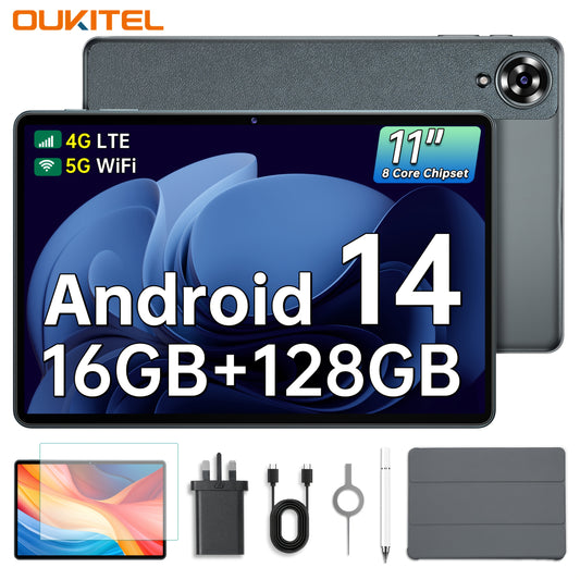 OUKITEL OT11 11" Android 14, 16GB RAM + 128GB Storage, Octa-Core UNISOC T616, 8000mAh Battery, 13MP+5MP Cameras, 4G LTE/5G Wi-Fi, Type-C, ARM G57 Graphics, Face ID, GPS, Stylus Pen, Aluminum Alloy Body - al-zeb-store