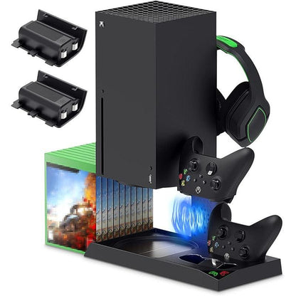 luxury Cooling Stand with Controller Charger Battery Pack for Xbox Series X Accessories, Charging Station with Cooling Fan System, 2x1400mAh Rechargeable Batteries, Headset Holder, Game Slots - al-zeb-store