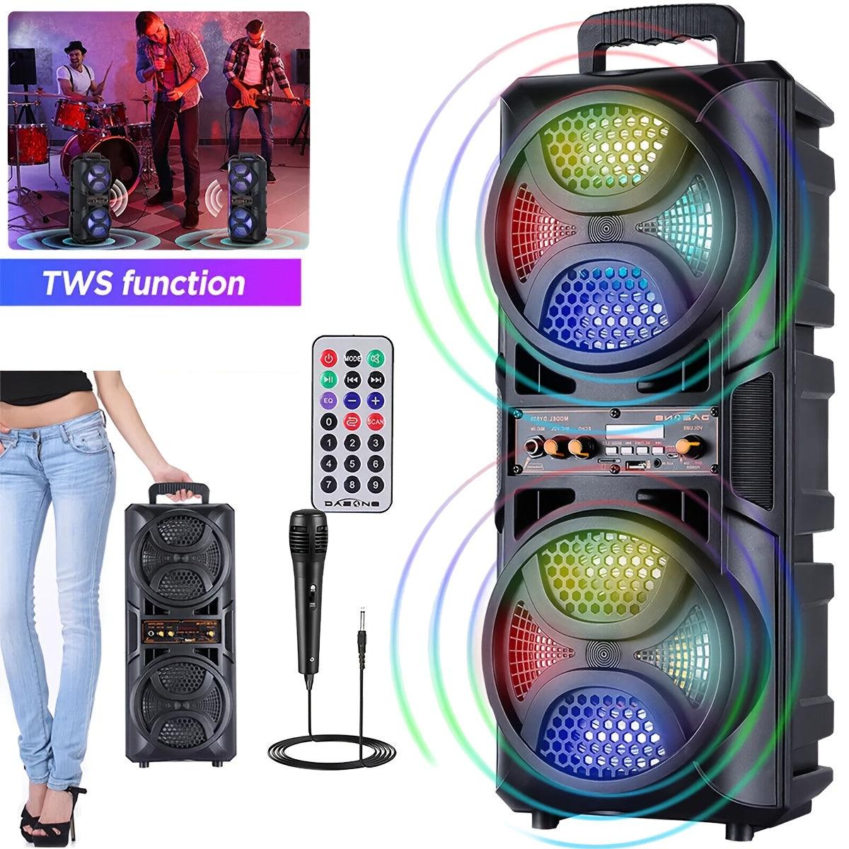 Portable Wireless PA Speaker, Dual 16.51cm High Quality Subwoofer System, Supports AUX USB FM Wired Microphone Audio Input, Built-in Rechargeable Battery Speaker with LED Light, Wired Microphone and Remote Control - al-zeb-store