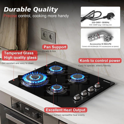 NEW Plug in 2 Zone Gas Hob with Crystal Glass Cooktop, 3500W Knob Control, NG Original Nozzle, come with LPG Replace - al-zeb-store