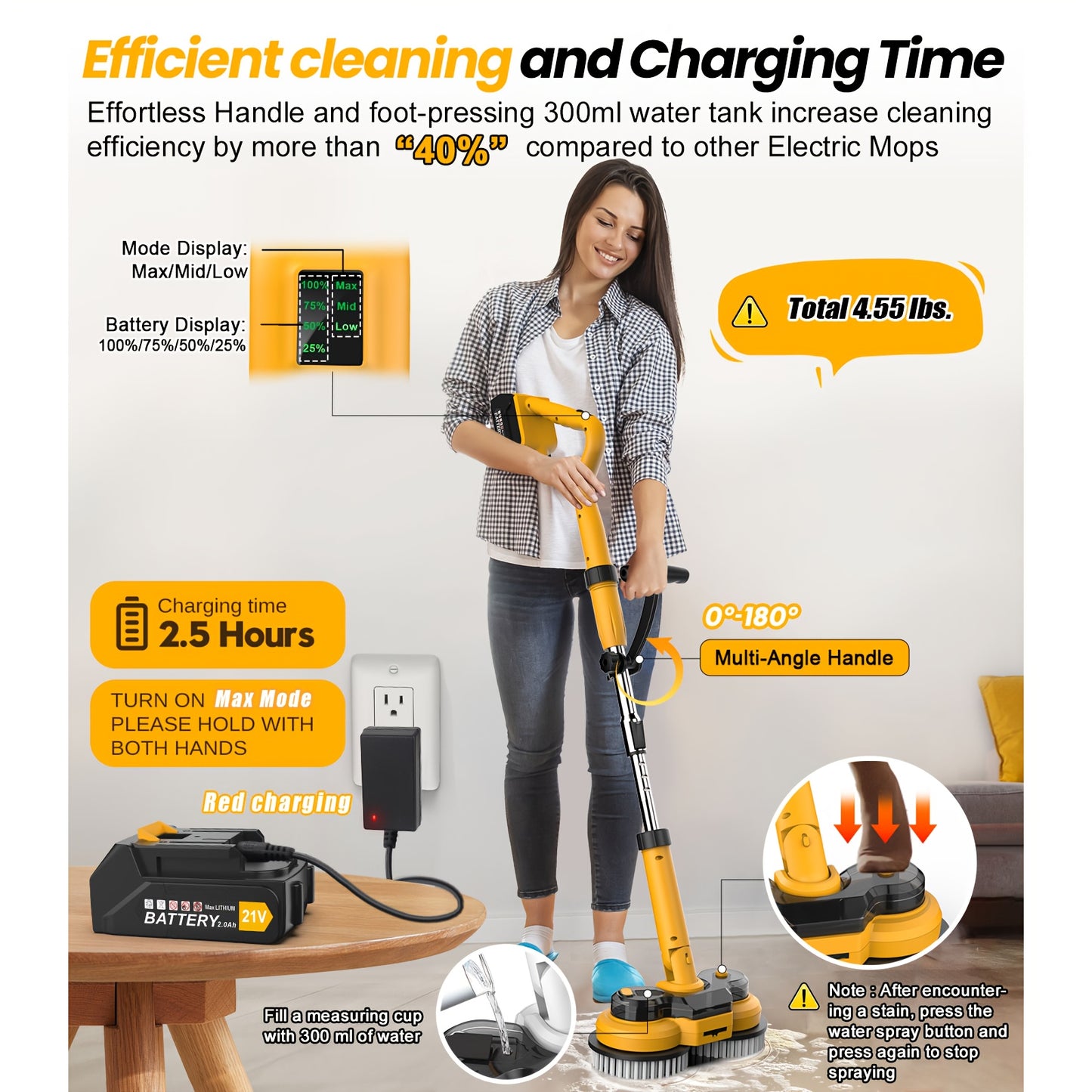 6000mAh Battery Electric Mop M1, 800RPM Cordless Electric Power Scrubber & Mops For Floor Cleaning, Best Automatic Spin Mops With Smart Display, Rotating Mop With LED Light & Water Spray