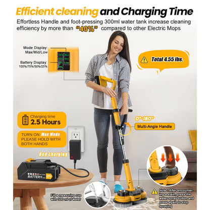 6000mAh Battery Electric Mop M1, 800RPM Cordless Electric Power Scrubber & Mops For Floor Cleaning, Best Automatic Spin Mops With Smart Display, Rotating Mop With LED Light & Water Spray