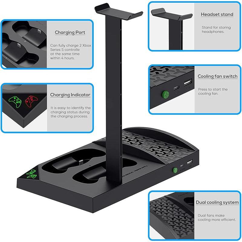 Vertical Charging Cooling Stand Compatible with Xbox Series S Accessories with Rechargeable Battery, Charging Station with Cooling Fan System + 2x1400mAh Batteries + Headset Holder - Black - al-zeb-store