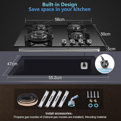 NEW Gas Hob 2 burners, 30cm Built in 2 Burners Gas on Glass Hob, NG/LPG Gas Hob Convertible, Gas Cooktop with Flame Out Protection, Iron Supports, 5200W - al-zeb-store