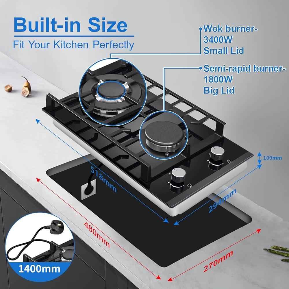 NEW Gas Hob 2 burners, 30cm Built in 2 Burners Gas on Glass Hob, NG/LPG Gas Hob Convertible, Gas Cooktop with Flame Out Protection, Iron Supports, 5200W - al-zeb-store