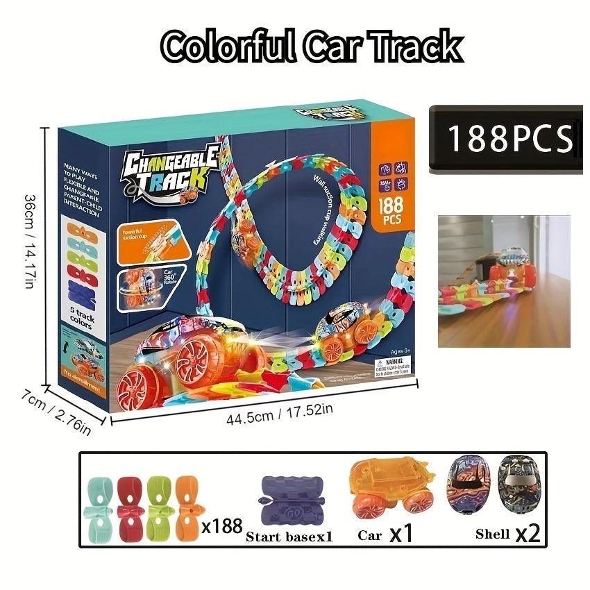 Flexible Kids Track Cars Set, LED Light-Up Race Car, Bendable Analog Track System, ABS Material, No Battery Required, Colorful Birthday Gift for Boys - al-zeb-store