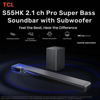 TCL S55HK Series 2.1 Dolby Atmos all-in-one super bass soundbar with Subwoofer，S55HK - al-zeb-store