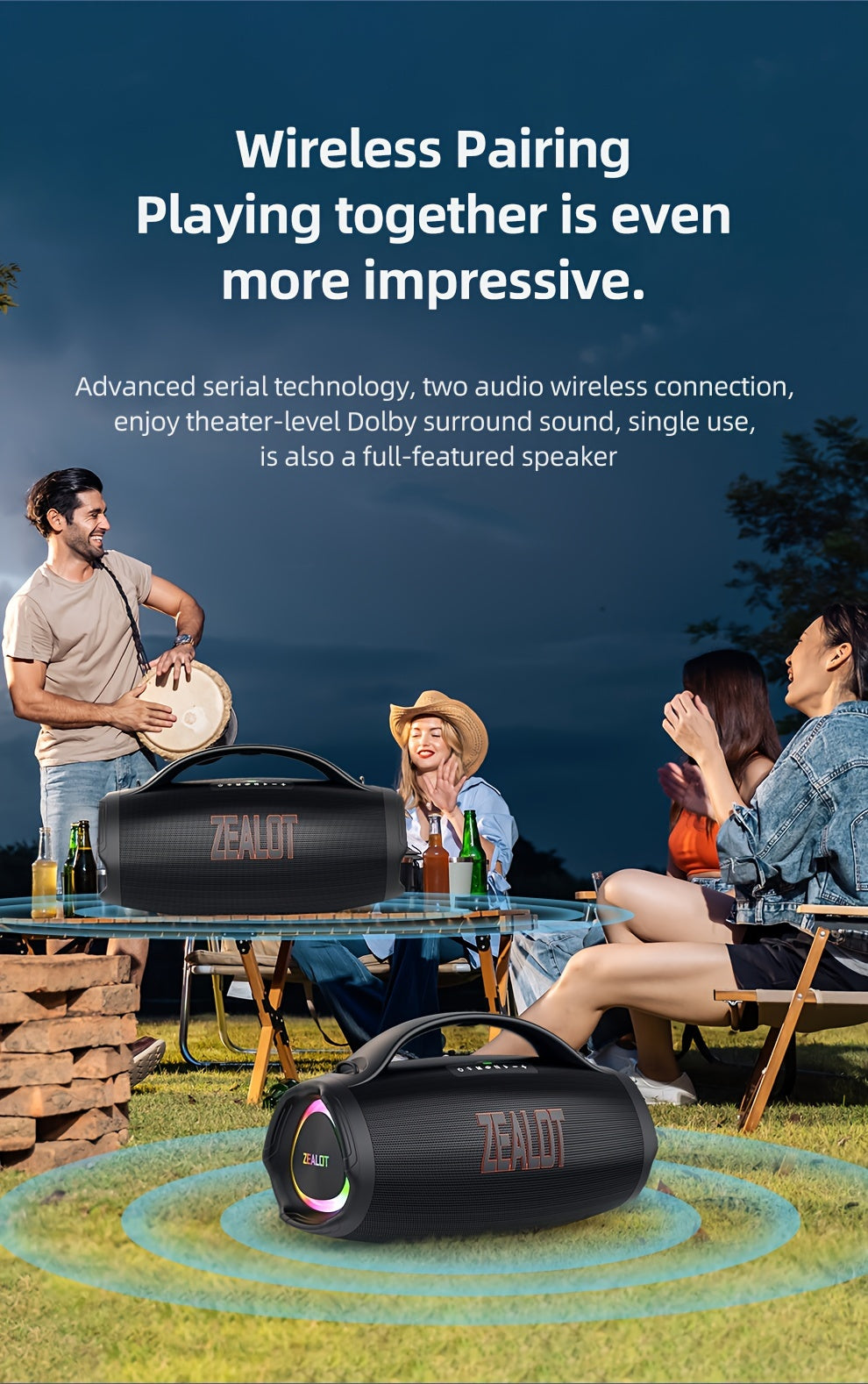ZEALOT S98 160W High-Power Wireless Speaker with Stunning Subwoofer, 36000mAh Power Bank Function, 3EQ Modes for Unique Sound Experience, RGB Colorful Lighting, TF Card & AUX Playback, TWS Pairing, Ideal for Home Theater, Lar