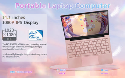 14" Rose Gold Laptop Windows 11&Office 2019/ Celeron J4125/ FHD IPS Display/8GB DDR4/ 128GB SSD/ Ultra-Thin Notebook/ USB3.0/ BT/ Perfect For Study/ Work - al-zeb-store