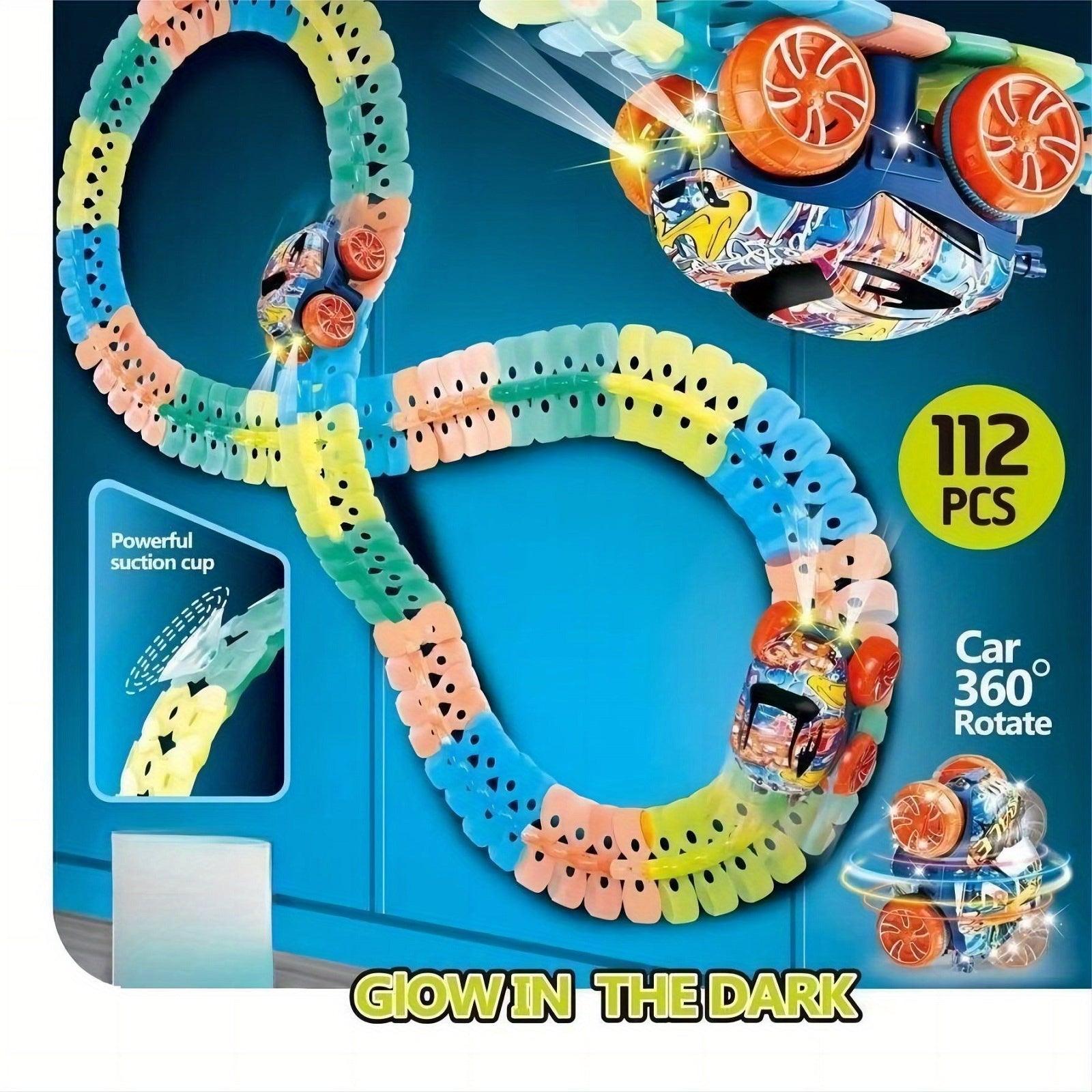 Flexible Kids Track Cars Set, LED Light-Up Race Car, Bendable Analog Track System, ABS Material, No Battery Required, Colorful Birthday Gift for Boys - al-zeb-store