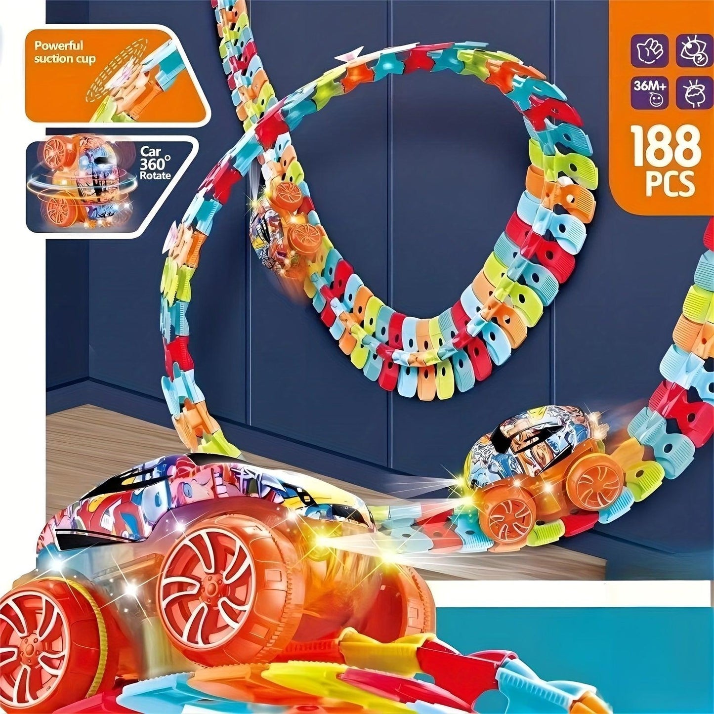 Flexible Kids Track Cars Set, LED Light-Up Race Car, Bendable Analog Track System, ABS Material, No Battery Required, Colorful Birthday Gift for Boys - al-zeb-store