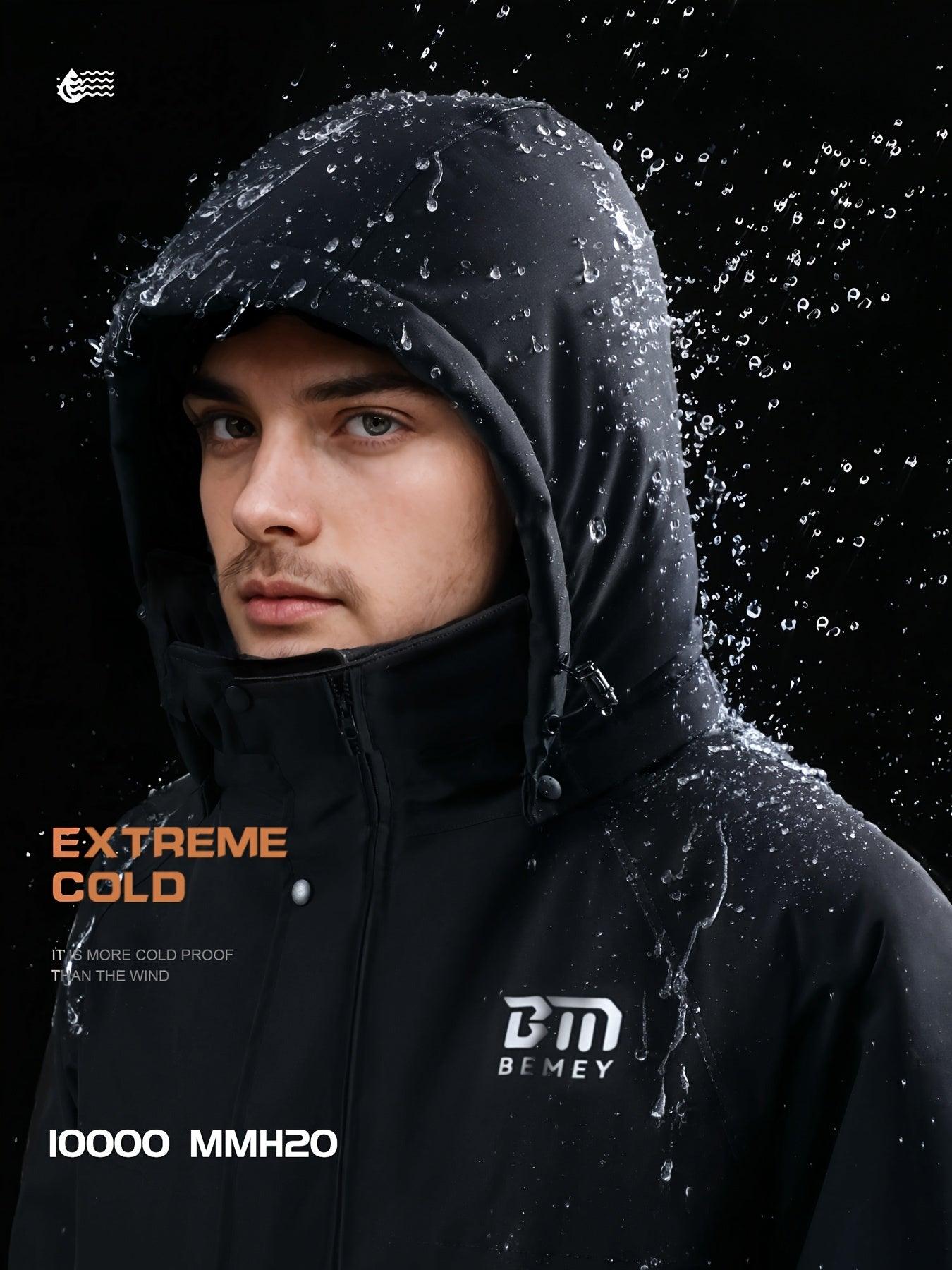 1pc BM Extreme Cold Men'S One-Piece Winter Suit, Waterproof Thermal Insulated Jumpsuit with Hood, Striped Polyester Non-Stretch Fabric, Regular Fit for Hiking, Outdoor, Travel - J03 Basic Style - al-zeb-store