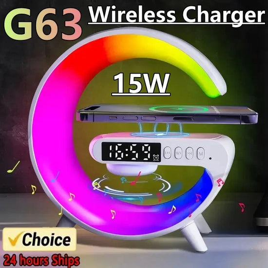 Wireless Charger Pad Stand Speaker TF Card RGB Night Light Lamp Alarm Clock Fast Charging Station Dock for iPhone Samsung Xiaomi