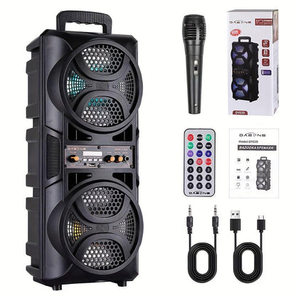 Portable Wireless PA Speaker, Dual 16.51cm High Quality Subwoofer System, Supports AUX USB FM Wired Microphone Audio Input, Built-in Rechargeable Battery Speaker with LED Light, Wired Microphone and Remote Control - al-zeb-store