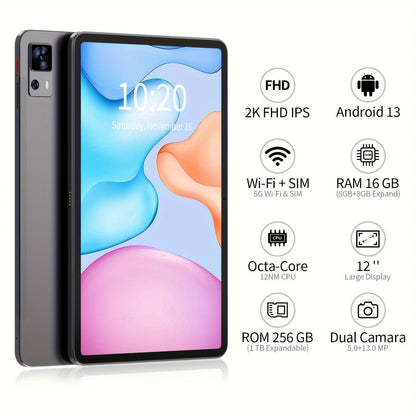 VASOUN 30.48cm for Android 13 Tablet with Case - SIM & SD Card Slot, 1TB Expansion, 256GB Storage, Dual Cameras, Octa-Core T616 Processor, 8000mAh Battery, 2K FHD Display, WiFi 6, 18W Fast Charging - Includes Gift Box - al-zeb-store